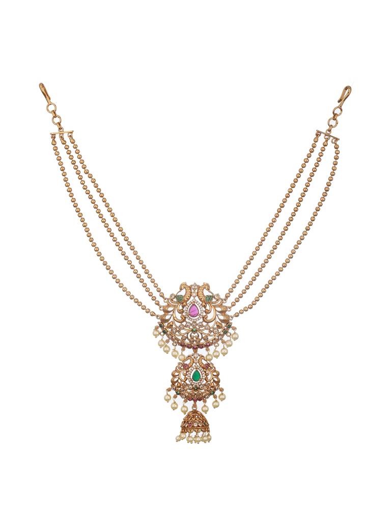 Gold Plated Kempo Studded & Pearl Beaded Floral Layered Chain Jadai Billai Hair Broochmathapati : SJMP2484