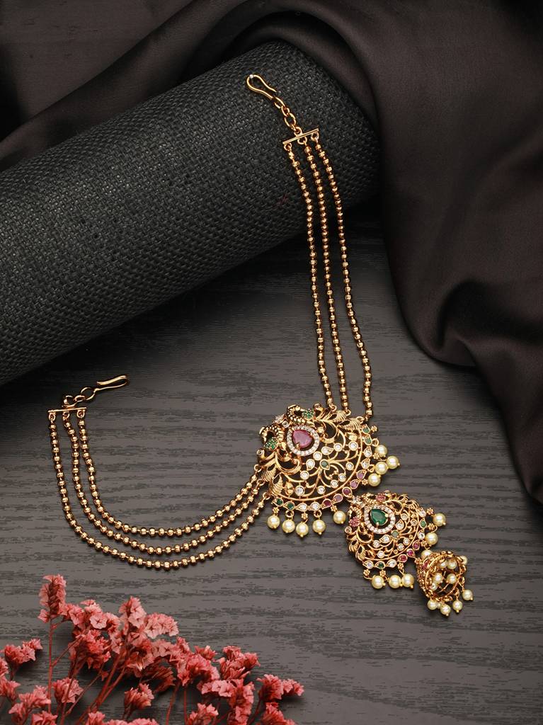 Gold Plated Kempo Studded & Pearl Beaded Floral Layered Chain Jadai Billai Hair Broochmathapati : SJMP2484