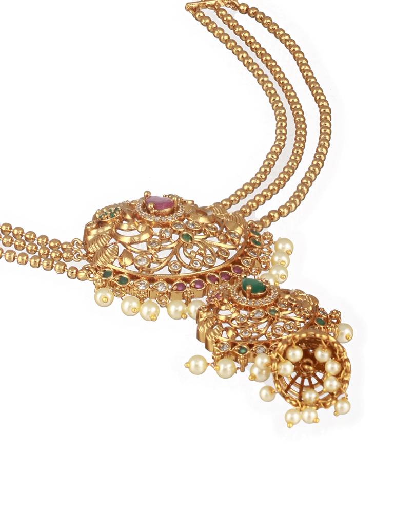 Gold Plated Kempo Studded & Pearl Beaded Floral Layered Chain Jadai Billai Hair Broochmathapati : SJMP2484
