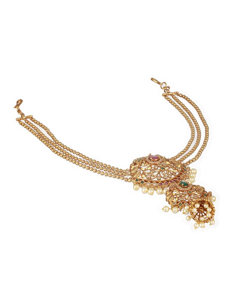 Gold Plated Kempo Studded & Pearl Beaded Floral Layered Chain Jadai Billai Hair Broochmathapati : SJMP2484