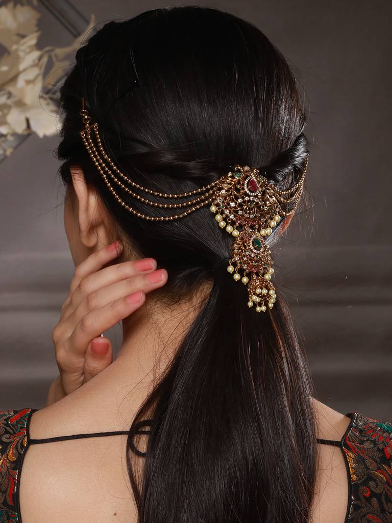 Gold Plated Kempo Studded & Pearl Beaded Floral Layered Chain Jadai Billai Hair Broochmathapati : SJMP2484