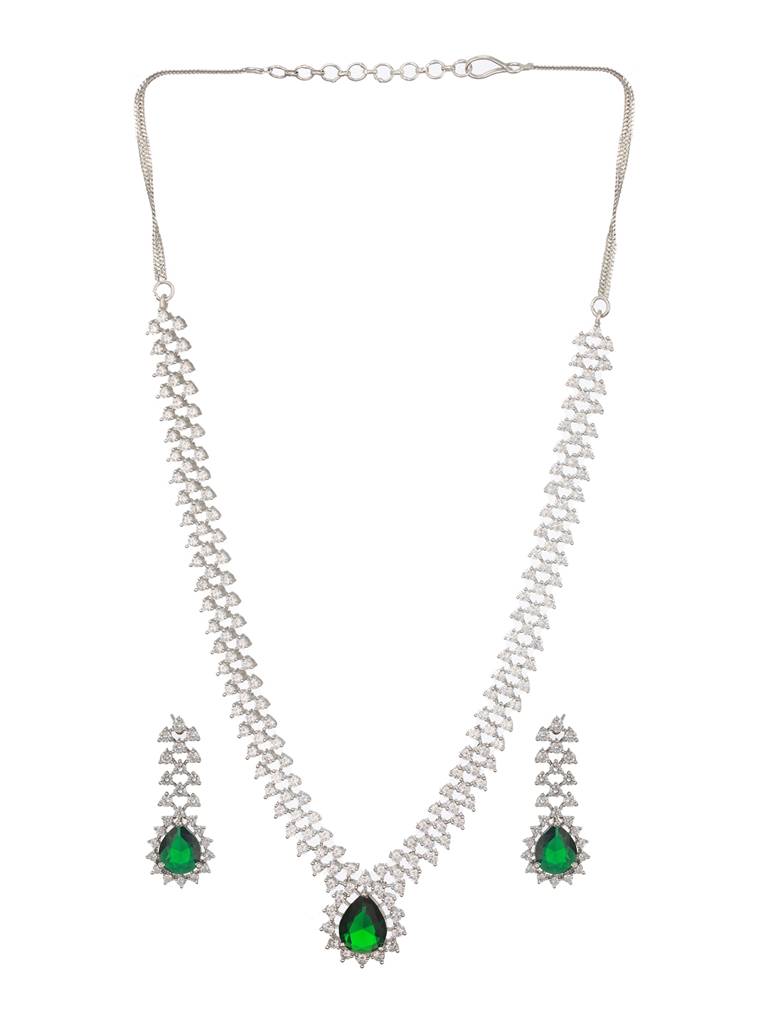 Silver Plated Emerald Green Zircon Ad Studded Delicate Partywear Necklace Jewellery Set : SJNK2485