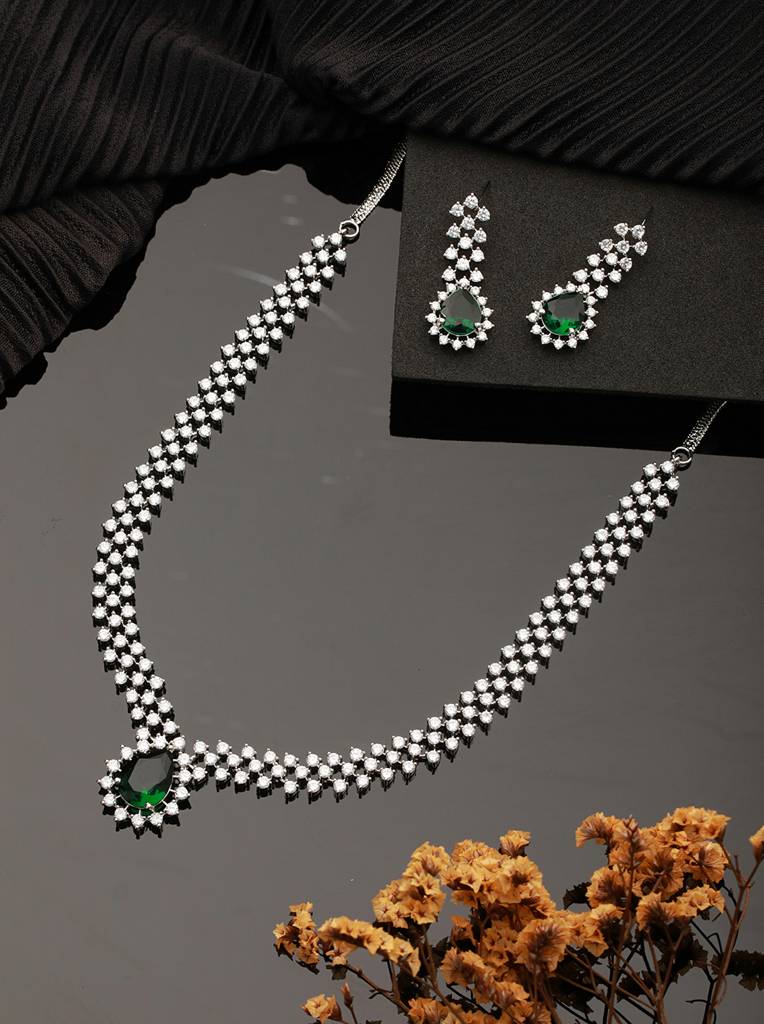Silver Plated Emerald Green Zircon Ad Studded Delicate Partywear Necklace Jewellery Set : SJNK2485