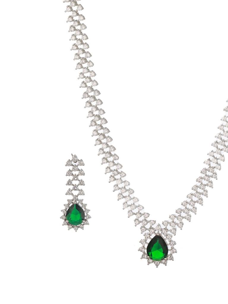 Silver Plated Emerald Green Zircon Ad Studded Delicate Partywear Necklace Jewellery Set : SJNK2485