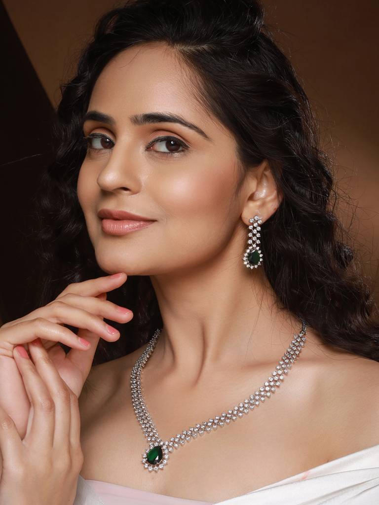 Silver Plated Emerald Green Zircon Ad Studded Delicate Partywear Necklace Jewellery Set : SJNK2485
