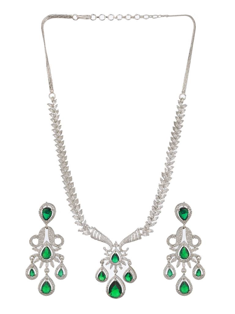 Silver Plated Emerald Green Ad Studded Luxe Designer Floral Pendant Jewellery Set : SJNK2486