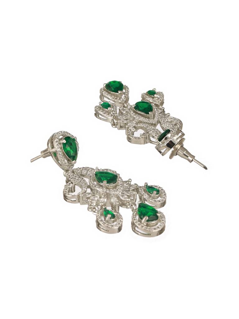 Silver Plated Emerald Green Ad Studded Luxe Designer Floral Pendant Jewellery Set : SJNK2486