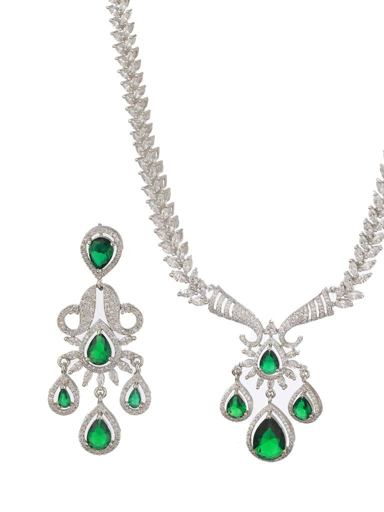 Silver Plated Emerald Green Ad Studded Luxe Designer Floral Pendant Jewellery Set : SJNK2486