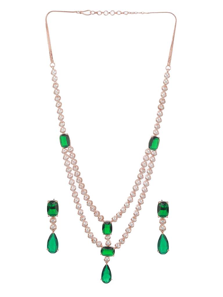 Rose Gold Plated Emerald Green Ad Studded 2 Layered Luxe Designer Bridal Partywear Jewellery Set : SJNK2487