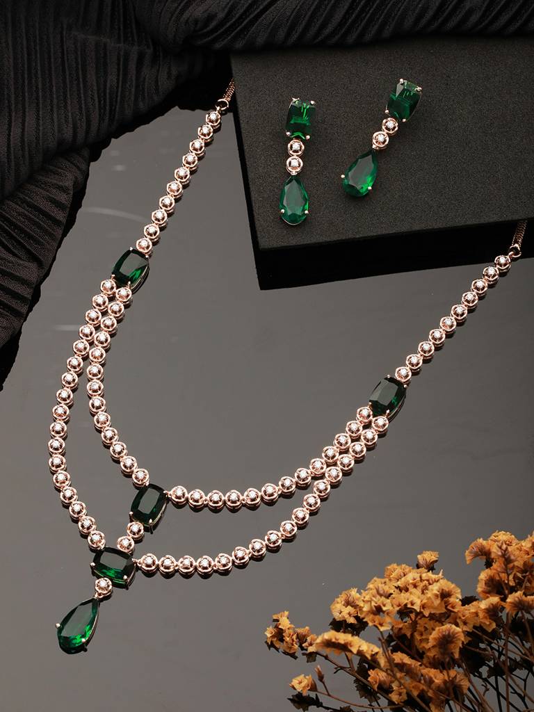 Rose Gold Plated Emerald Green Ad Studded Layered Luxe Designer Bridal  Partywear Jewellery Set Brass One Size Rose Gold