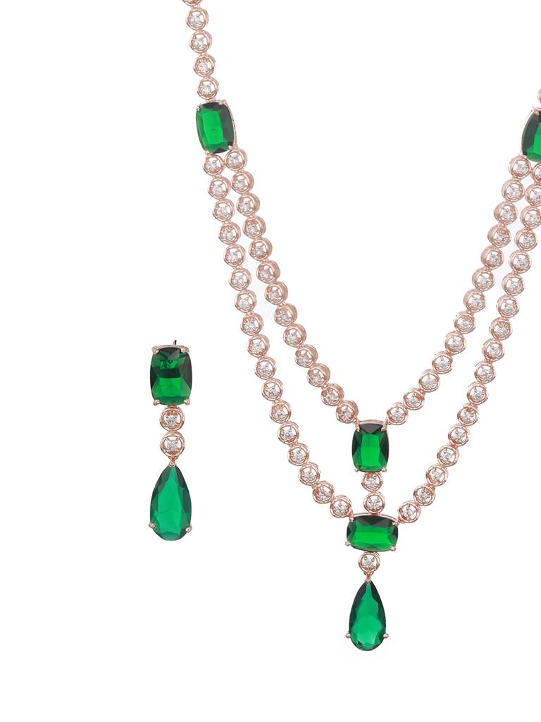Rose Gold Plated Emerald Green Ad Studded 2 Layered Luxe Designer Bridal Partywear Jewellery Set : SJNK2487