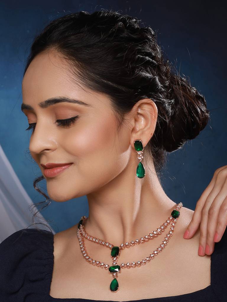 Rose Gold Plated Emerald Green Ad Studded 2 Layered Luxe Designer Bridal Partywear Jewellery Set : SJNK2487