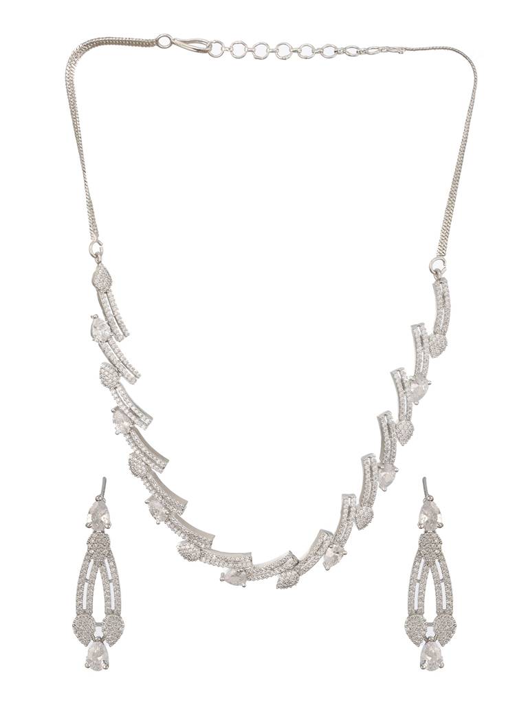 Silver Toned Zircon Studded Leaf Shaped Delicate Designer Necklace Jewelleryset : SJNK2489