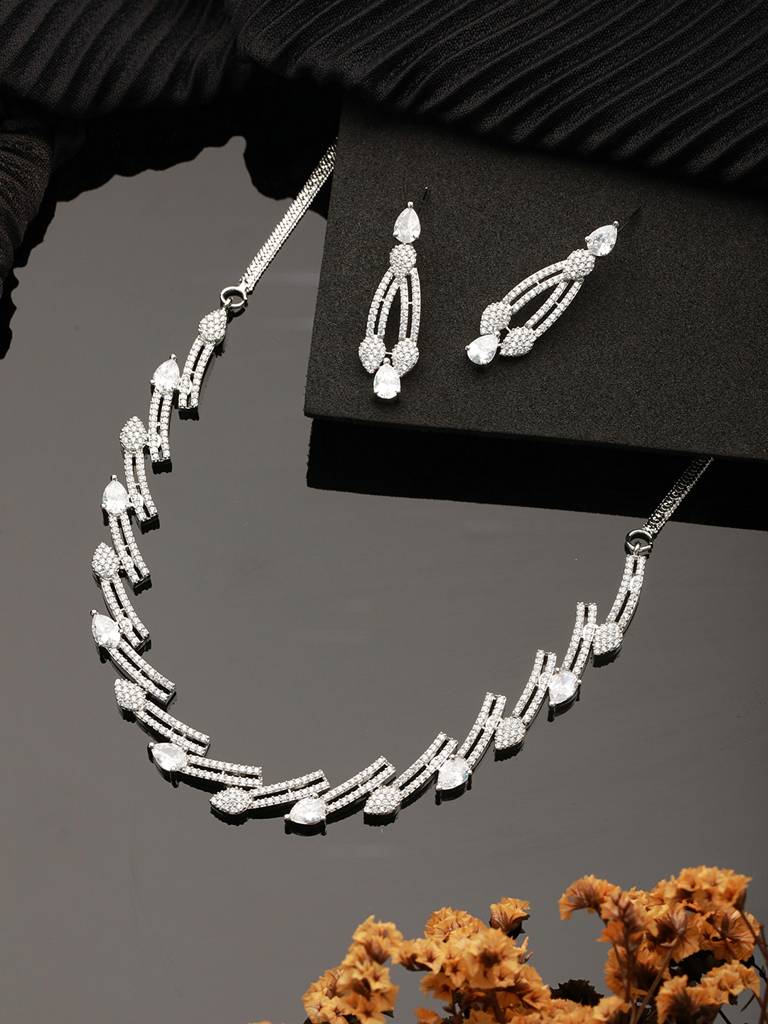 Silver Toned Zircon Studded Leaf Shaped Delicate Designer Necklace Jewelleryset : SJNK2489