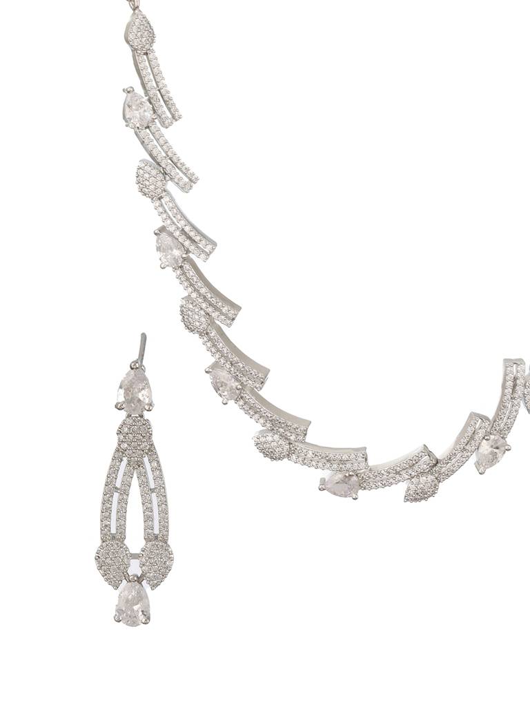 Silver Toned Zircon Studded Leaf Shaped Delicate Designer Necklace Jewelleryset : SJNK2489