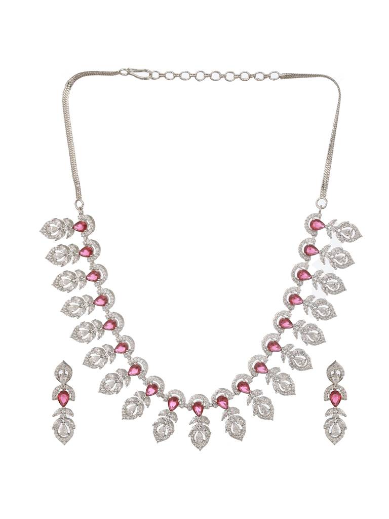 Silver Plated Ruby Red Ad Studded Elegant Floral Designer Delicate Choker Jewellery Set : SJNK2490