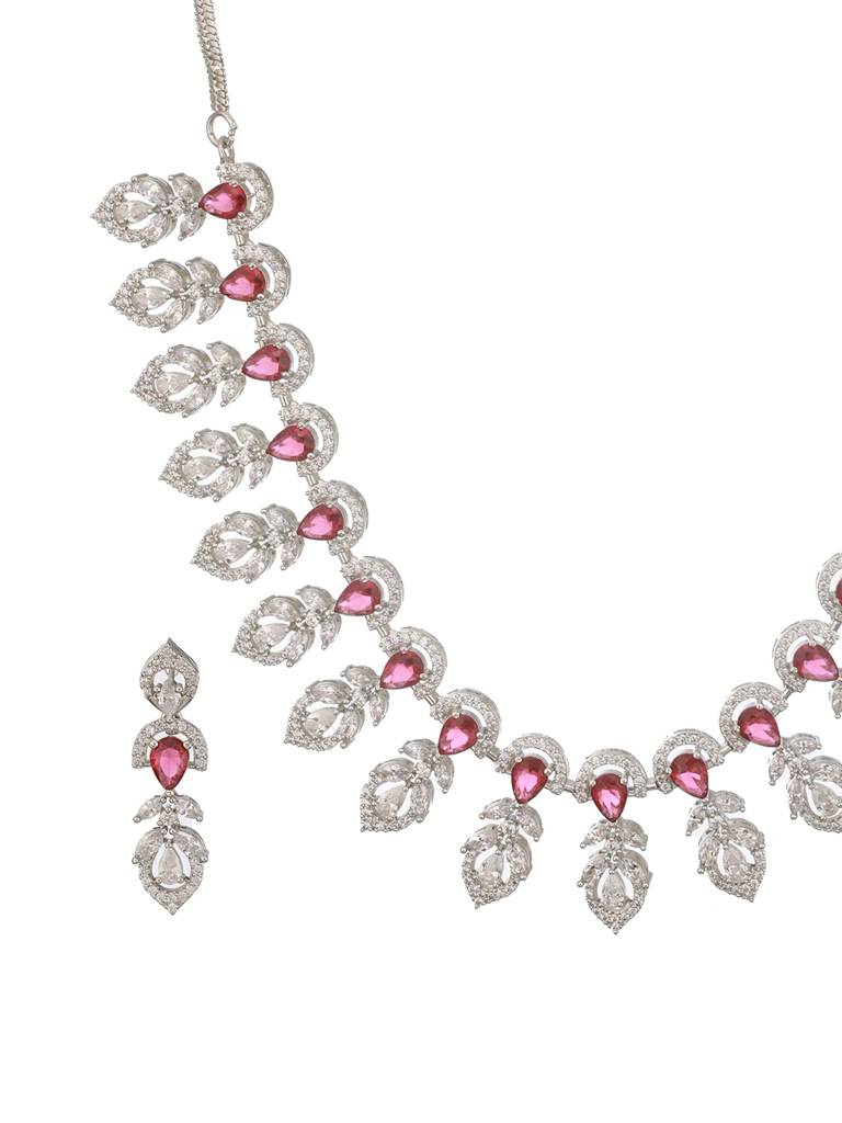 Silver Plated Ruby Red Ad Studded Elegant Floral Designer Delicate Choker Jewellery Set : SJNK2490