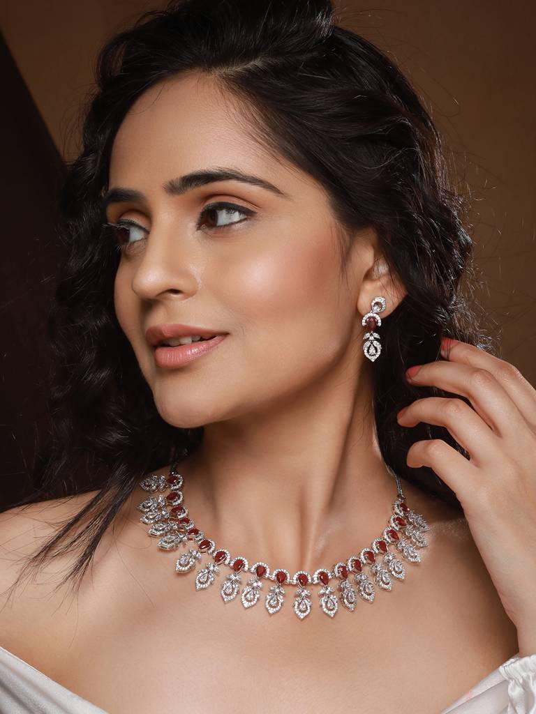 Silver Plated Ruby Red Ad Studded Elegant Floral Designer Delicate Choker Jewellery Set : SJNK2490