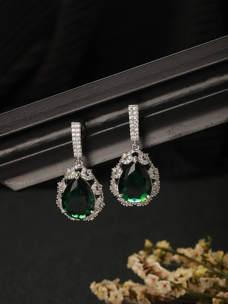 Silver Plated Emerald Green Ad Tear Shaped Contemporary  Drop Earrings : SJER2491