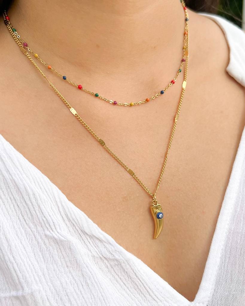 18K Gold Plated Double-Layered Evil Eye Boho Necklace, Sasha : N49