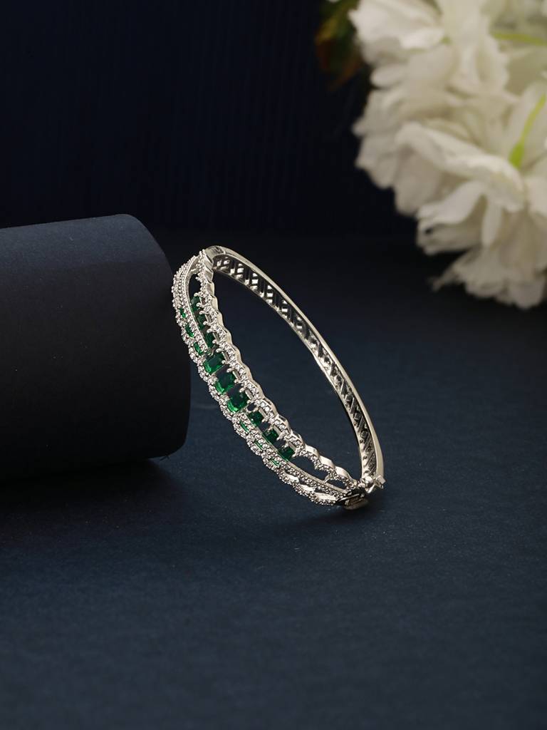 Silver Plated Emerald Green Ad Studded Statement Delicate Kada Bracelet : SJBR2494