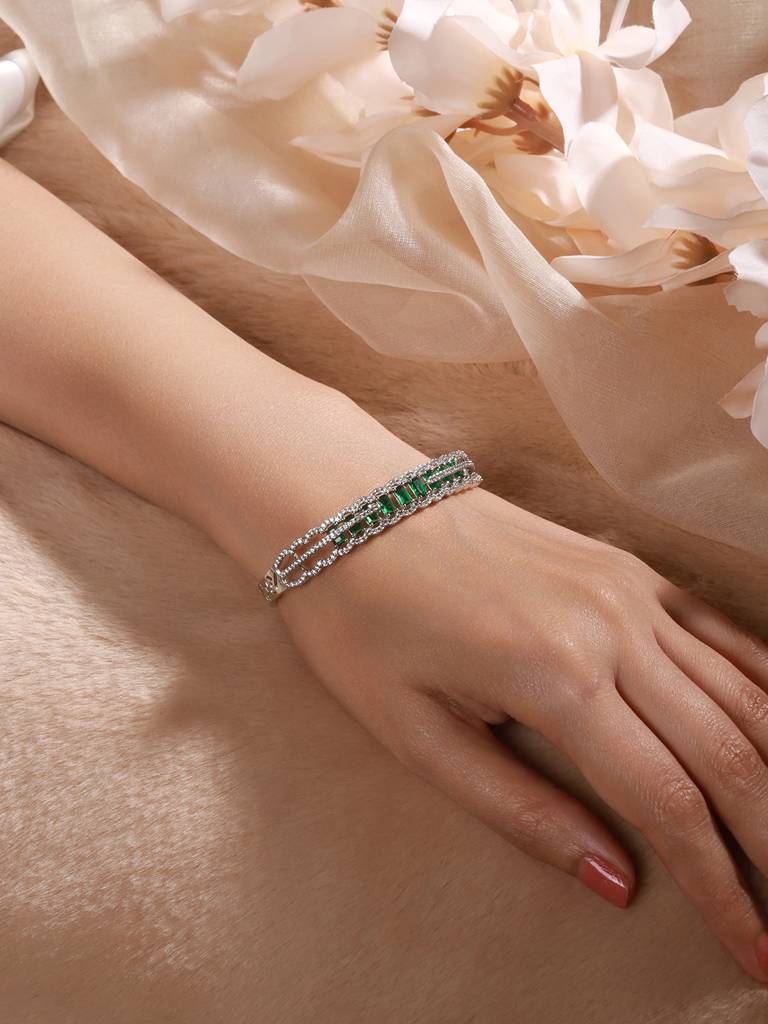 Silver Plated Emerald Green Ad Studded Statement Delicate Kada Bracelet : SJBR2494