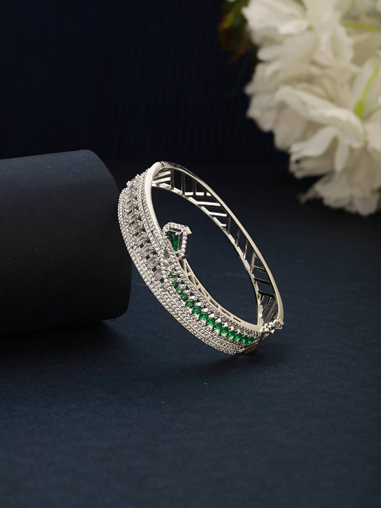Silver Plated Green Ad Studded Contemporary Designer Bridal Kada Bracelet : SJBR2495