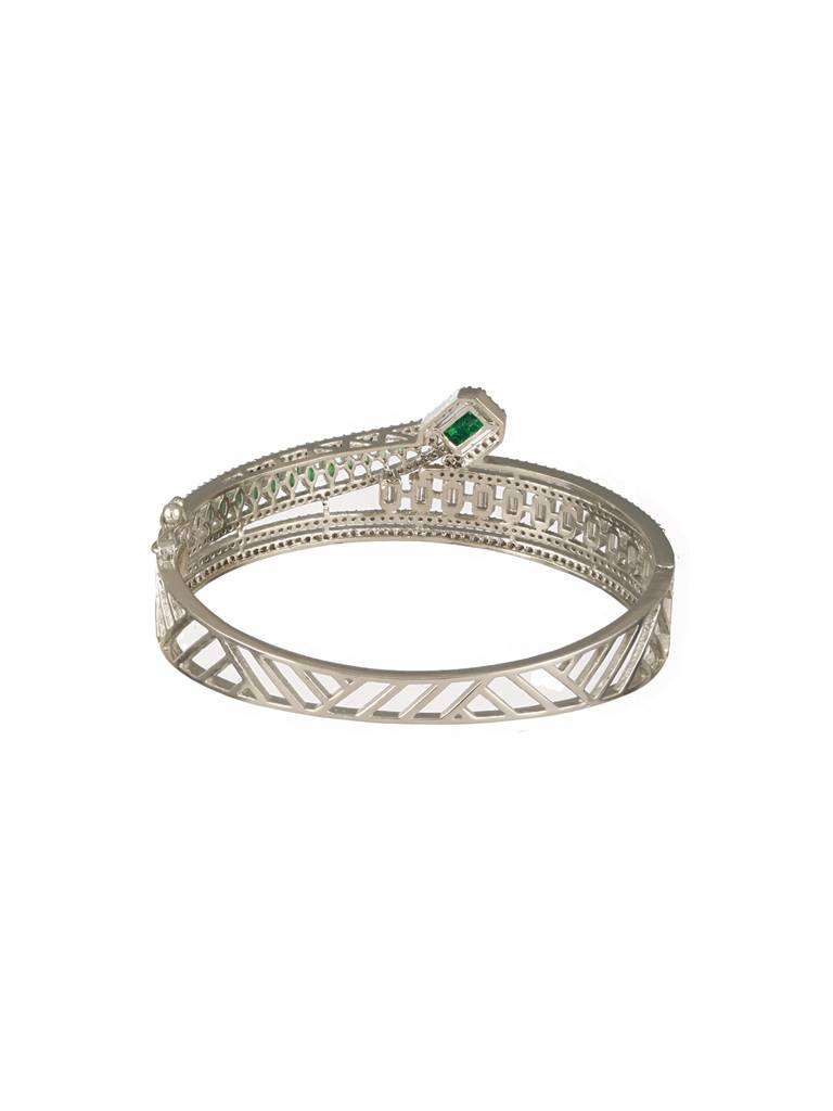 Silver Plated Green Ad Studded Contemporary Designer Bridal Kada Bracelet : SJBR2495