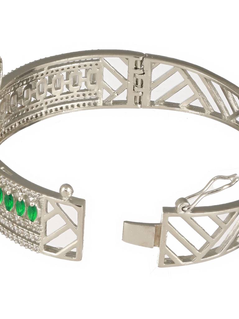 Silver Plated Green Ad Studded Contemporary Designer Bridal Kada Bracelet : SJBR2495