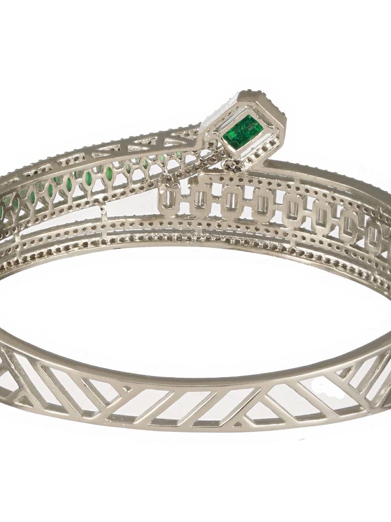 Silver Plated Green Ad Studded Contemporary Designer Bridal Kada Bracelet : SJBR2495