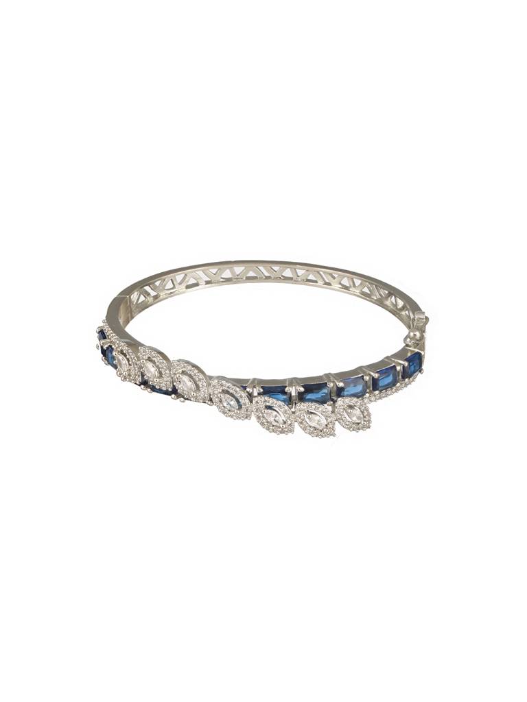 Silver Toned Sapphire Blue Ad Studded Elegant Designer Leaf Kada Bangle Bracelet : SJBR2496