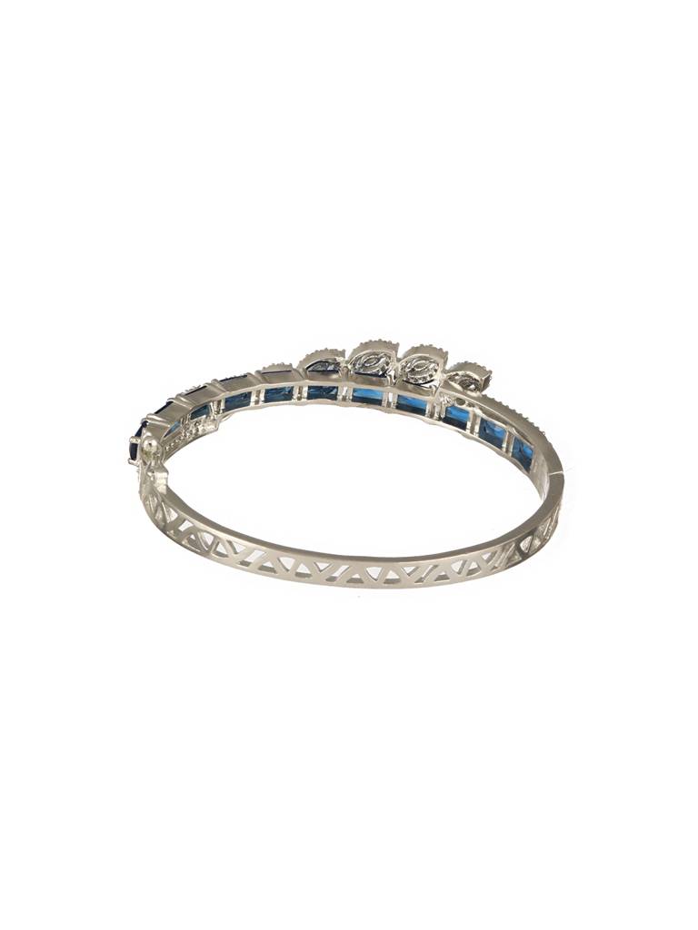 Silver Toned Sapphire Blue Ad Studded Elegant Designer Leaf Kada Bangle Bracelet : SJBR2496