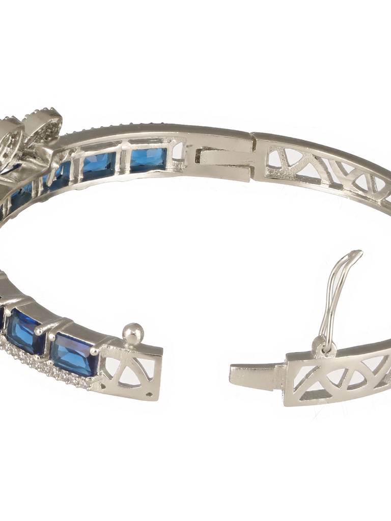 Silver Toned Sapphire Blue Ad Studded Elegant Designer Leaf Kada Bangle Bracelet : SJBR2496