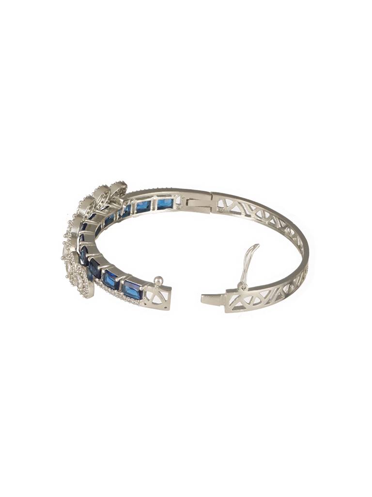 Silver Toned Sapphire Blue Ad Studded Elegant Designer Leaf Kada Bangle Bracelet : SJBR2496