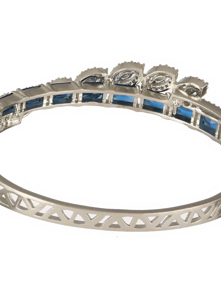 Silver Toned Sapphire Blue Ad Studded Elegant Designer Leaf Kada Bangle Bracelet : SJBR2496