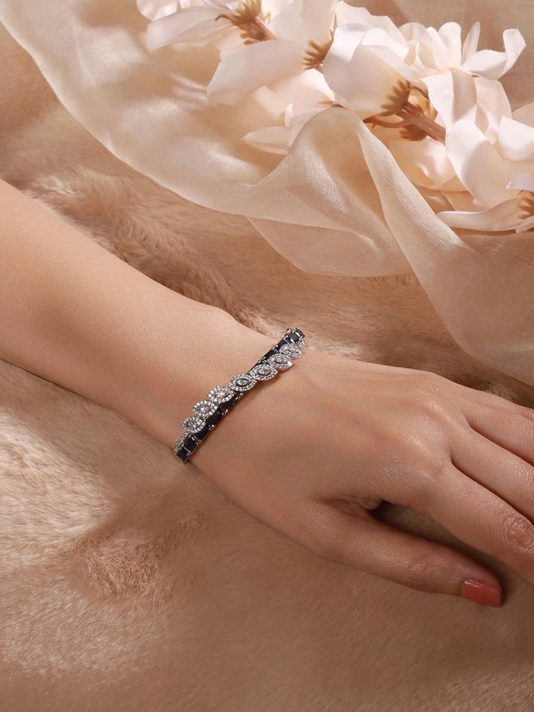 Silver Toned Sapphire Blue Ad Studded Elegant Designer Leaf Kada Bangle Bracelet : SJBR2496