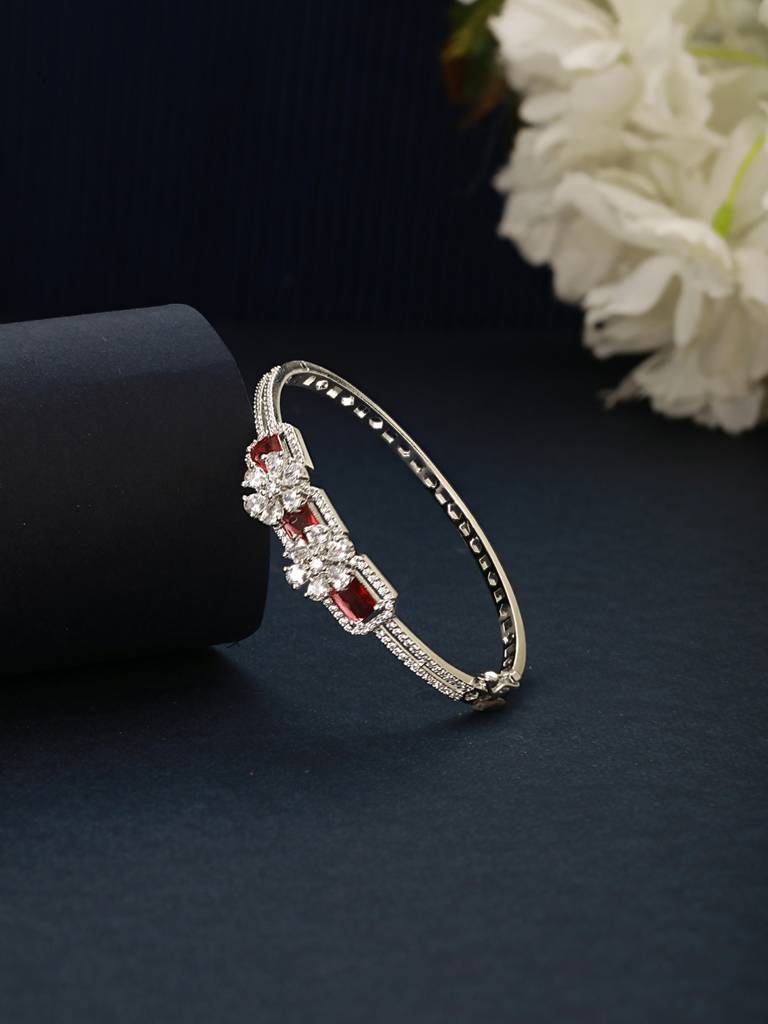 Silver Plated Ruby Red Delicate Luxe Floral Cuff Bangle Bracelet : SJBR2498
