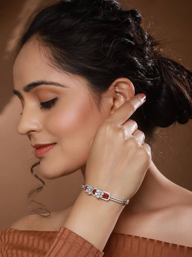Silver Plated Ruby Red Delicate Luxe Floral Cuff Bangle Bracelet : SJBR2498