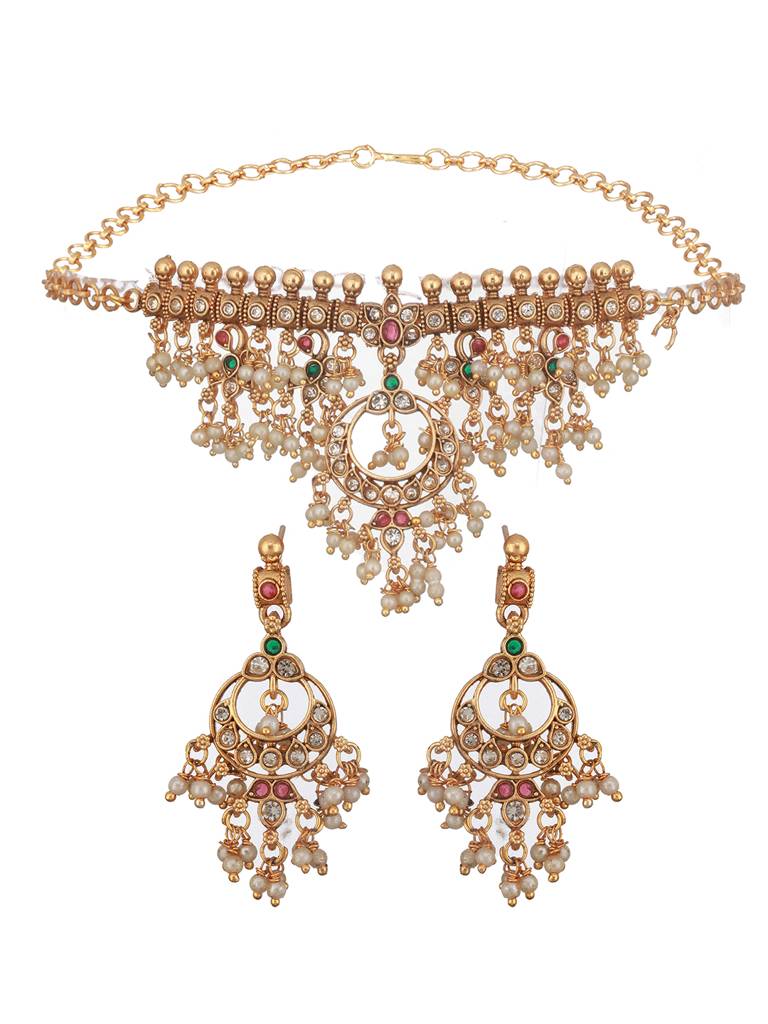 Gold Plated Kemp Stones Pearl Beaded Chandbali Pendant Style Choker Jewellery Set : SJNK2499