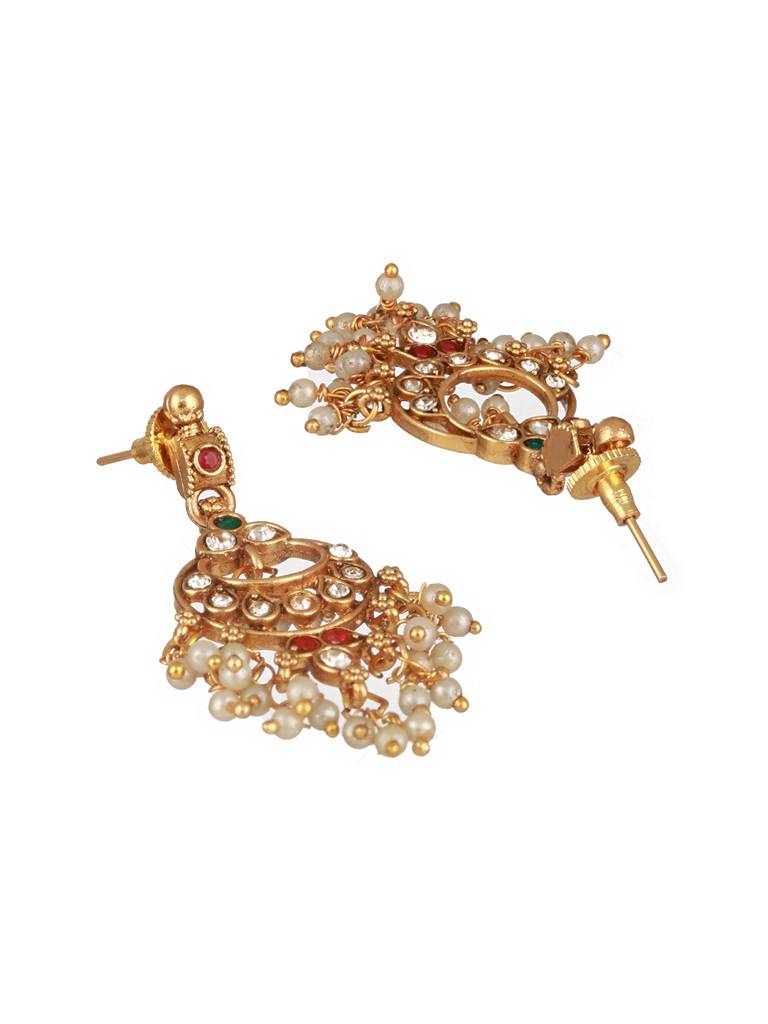Gold Plated Kemp Stones Pearl Beaded Chandbali Pendant Style Choker Jewellery Set : SJNK2499