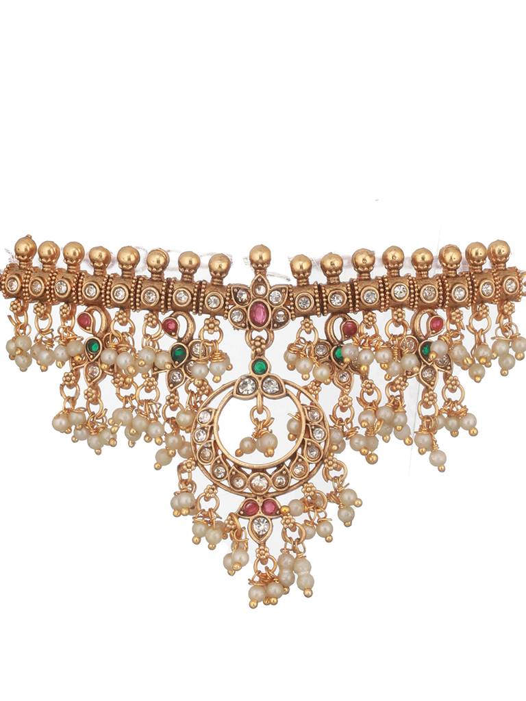 Gold Plated Kemp Stones Pearl Beaded Chandbali Pendant Style Choker Jewellery Set : SJNK2499