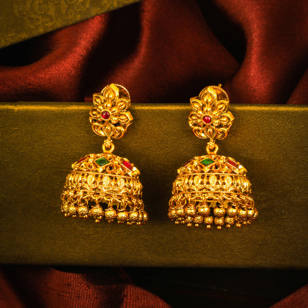 South Indian Temple Jewellery Bridal Jhumka Earrings In Antique Gold Finish : R-1297