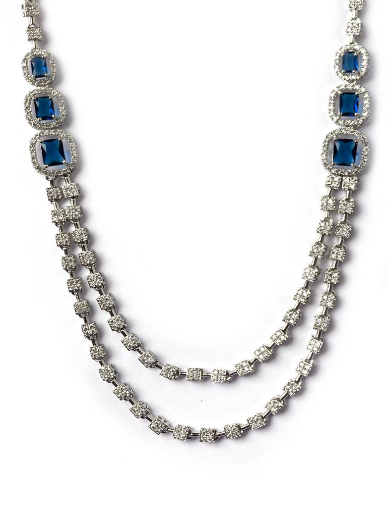 Silver-Plated American Diamond Studded Layered Jewellery Set : AD140BLUE