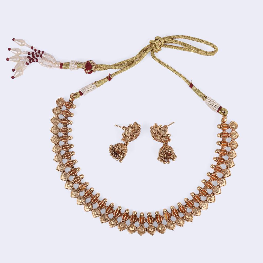 Traditional Flower And Rudhraksh Design Gold Plated Choker Necklace Set For Women & Girls : 24NS1109