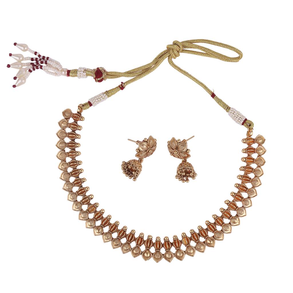 Traditional Flower And Rudhraksh Design Gold Plated Choker Necklace Set For Women & Girls : 24NS1109