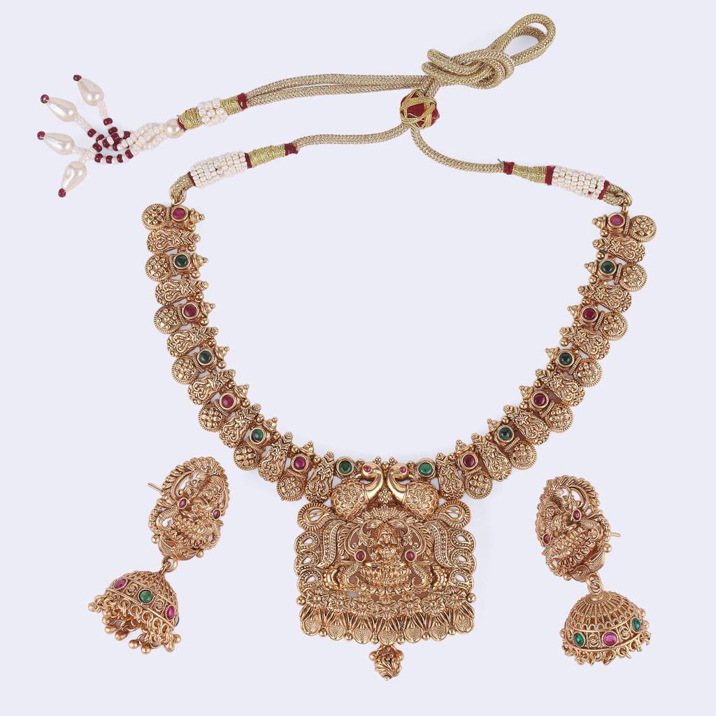 Traditional Laxmi And Peacock Design Gold Plated Choker Necklace Set For Women : 24NS1120