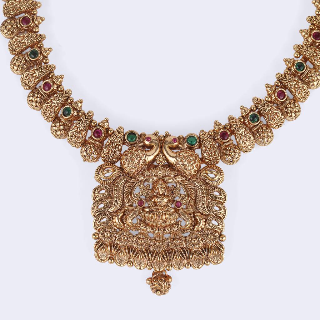 Traditional Laxmi And Peacock Design Gold Plated Choker Necklace Set For Women : 24NS1120