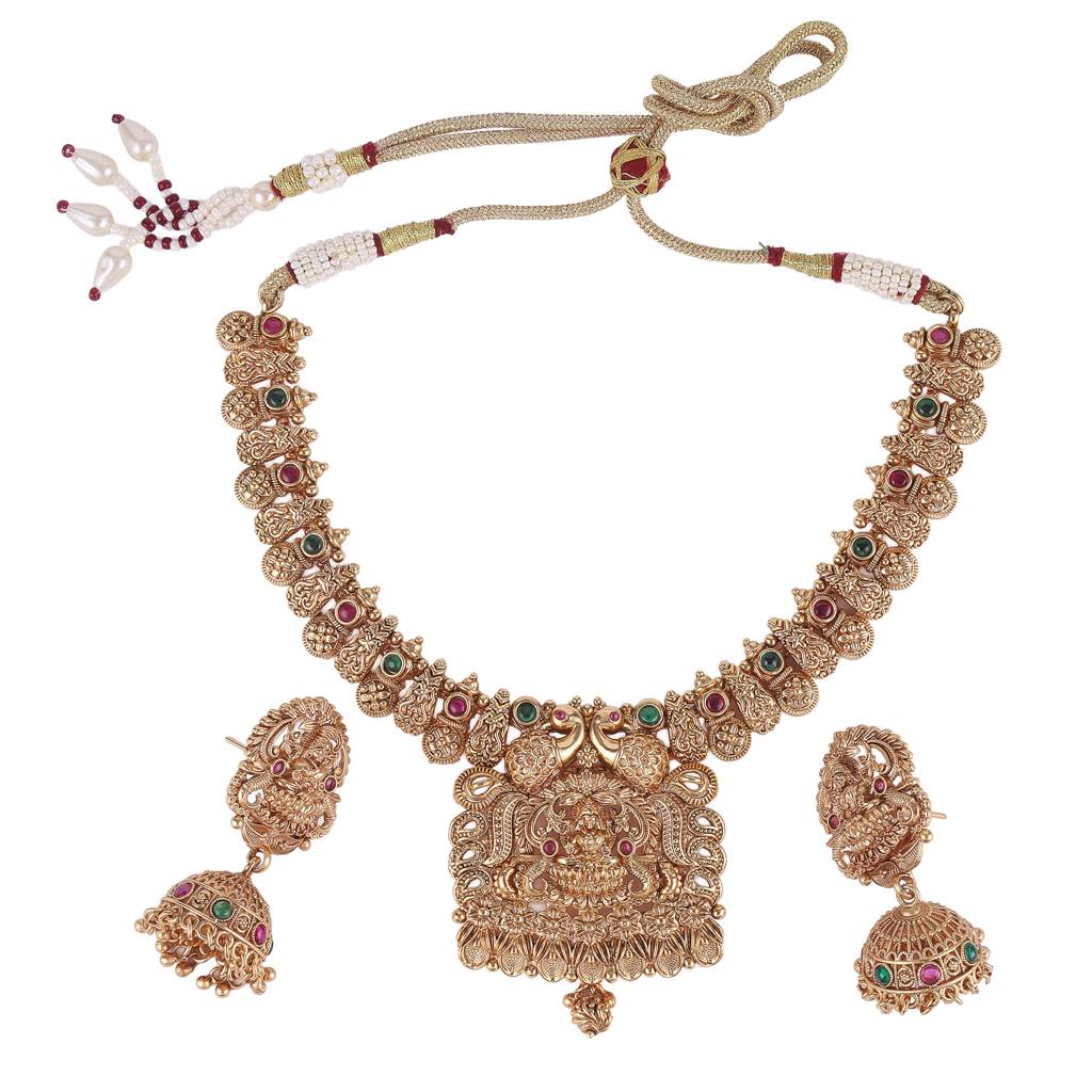 Traditional Laxmi And Peacock Design Gold Plated Choker Necklace Set For Women : 24NS1120