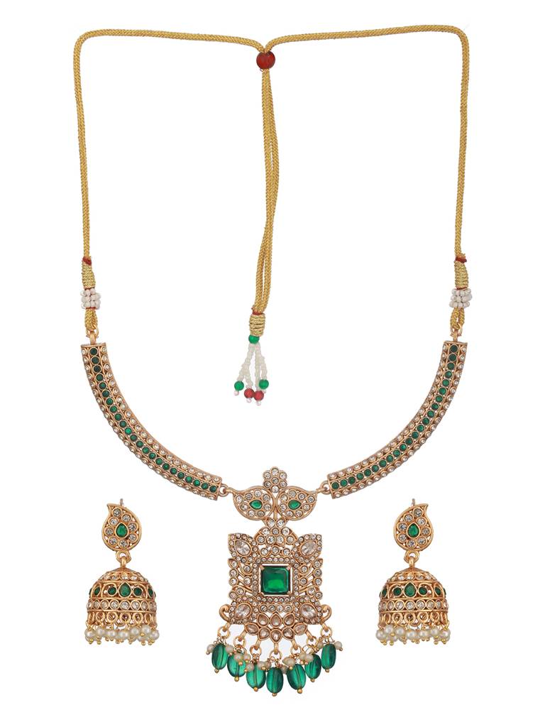 Gold Plated Green Zircon & Pearl Beaded Floral Pipe Pendant Jewellery Set With Jhumka : SJNK2500