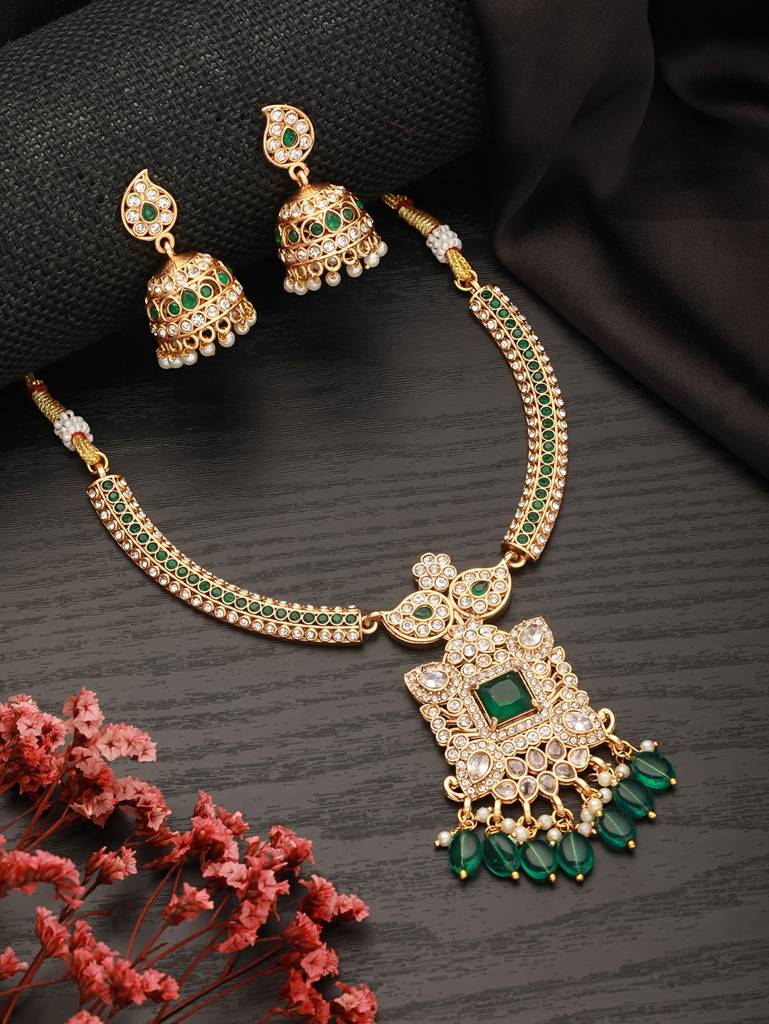 Gold Plated Green Zircon & Pearl Beaded Floral Pipe Pendant Jewellery Set With Jhumka : SJNK2500